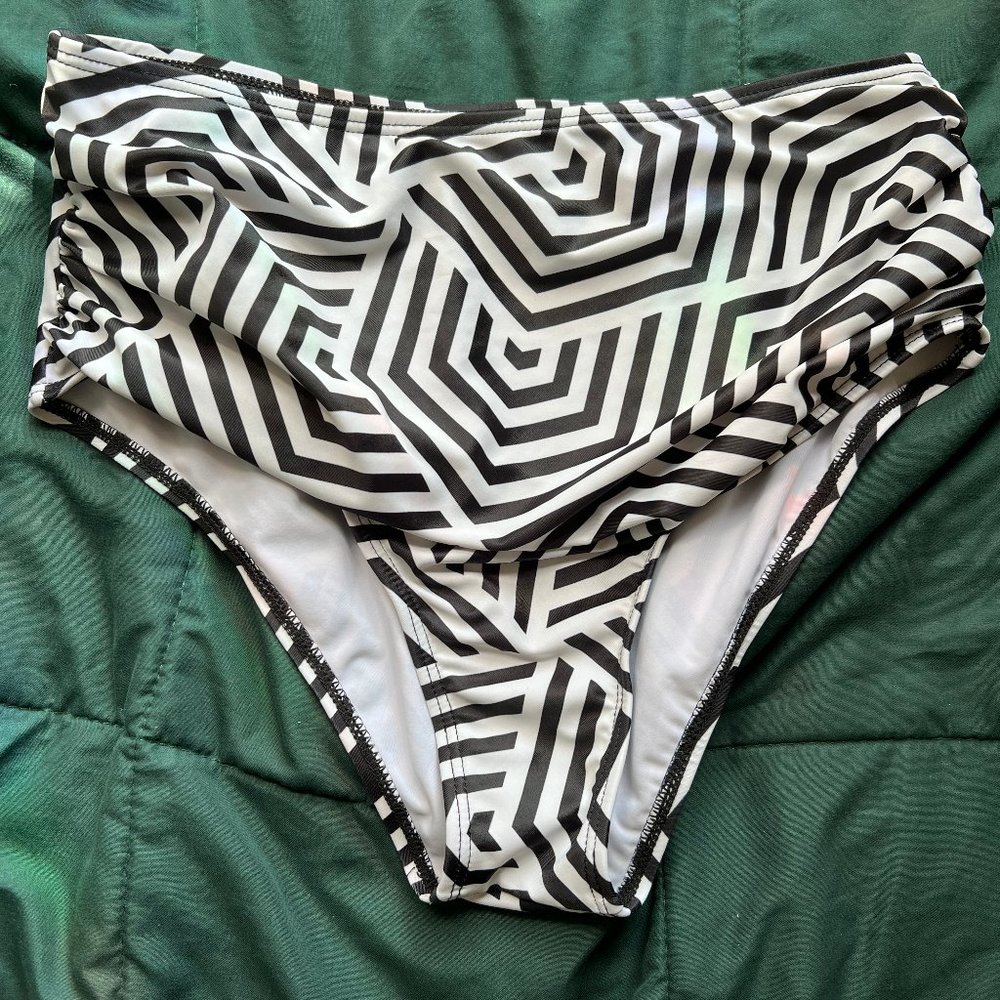 Black and White Trippy Line Pattern High Waisted Rave or Bathing Suit Bottoms